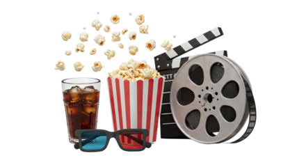 Movie Night Popcorn Drink Film Reel and 3D Glasses PNG Transparent Background