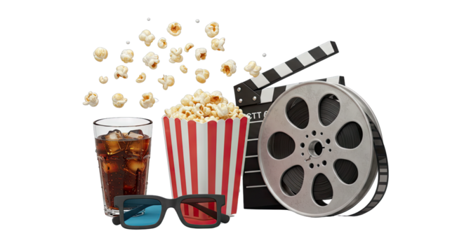 Movie Night Popcorn Drink Film Reel and 3D Glasses PNG Transparent Background