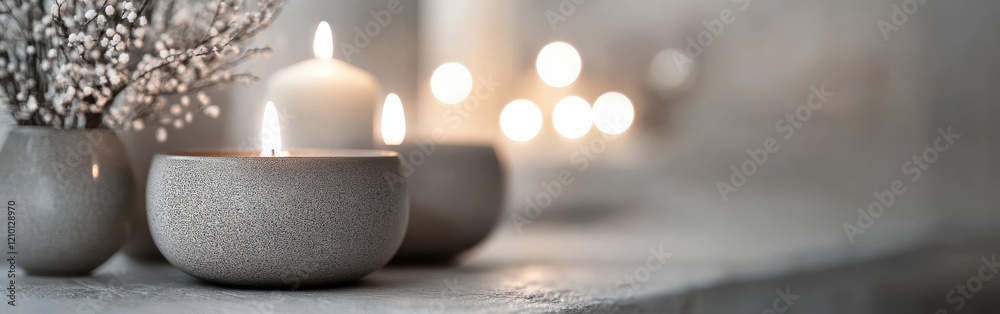 Poster calming atmosphere created by glowing candles and simple decor in soft gray and silver tones