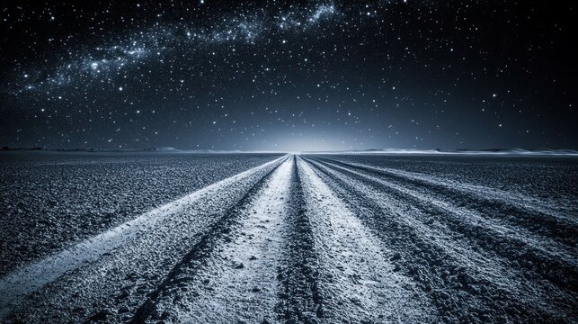 Desert road vanishing Milky Way night sky travel