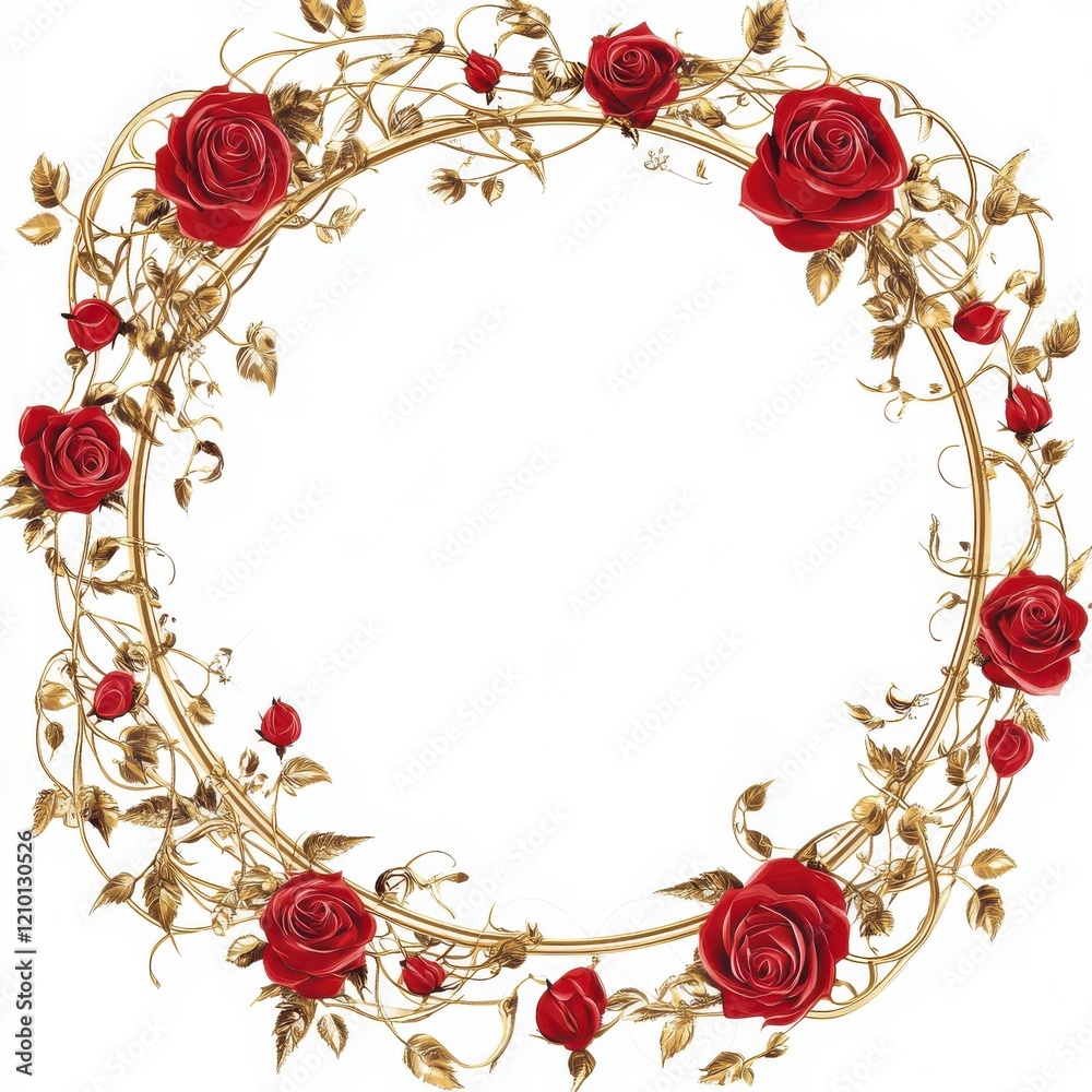 Poster decorative circular frame with red roses and golden vines for elegant design purposes