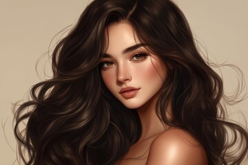 Fototapeta premium A portrait of a young woman with long, flowing hair and a soft expression against a neutral background.
