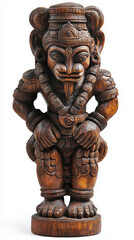 high detail sculpture of tribal deity, showcasing intricate carvings and rich textures. This wooden figure embodies cultural