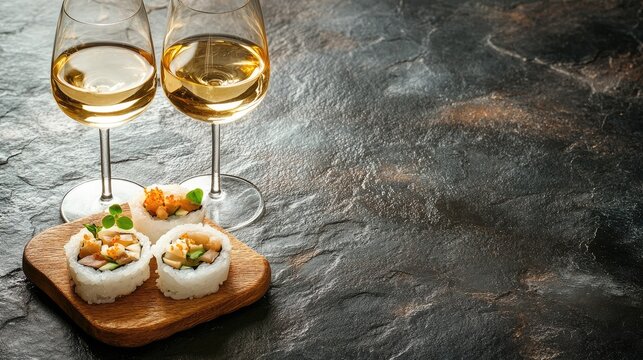 Sushi platter with two glasses of white wine on dark stone surface highlighting rich textures and ample copy space for elegant dining themes