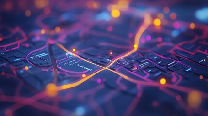 Obraz premium Complex network of interconnected glowing roads and buildings forming a futuristic city navigation system, visualized with vibrant colors and data points