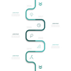 Business timeline consists of 5 stages and periods. Roadmap infographics, a chart with editable icons for a presentation or website. Modern vertical annual target Infographics