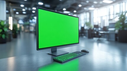 Naklejka premium A computer setup with a green screen, keyboard, and mouse in a modern office.