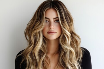 Naklejka premium A young woman with long, wavy hair and a natural look against a light background.