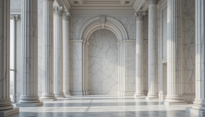Naklejka premium Sunlit Classical Marble Hallway with Corinthian Columns: Architecture, Interior Design, Luxury, Grandeur.