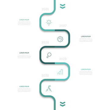 Business timeline consists of 5 stages and periods. Roadmap infographics, a chart with editable icons for a presentation or website. Modern vertical annual target Infographics