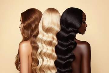 Three women showcasing different hair colors and textures against a beige background.