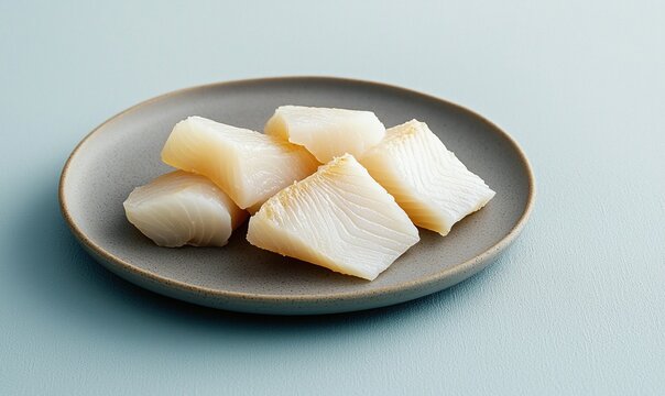 Dried salted cod klippfisk served on a smooth gray plate with a muted blue background