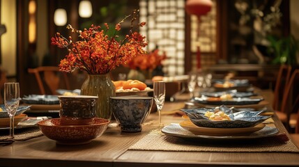 Fototapeta premium Elegant dining setup featuring Asian-inspired table decorations, varied serving bowls, and floral arrangements under soft ambient lighting.