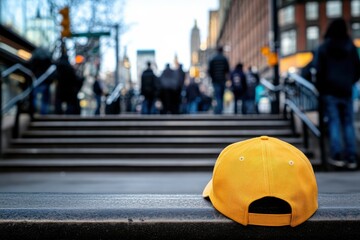 Obraz premium A bright yellow cap rests on a bench with blurred figures in the background, capturing the essence of urban life and individuality amidst a bustling city atmosphere.
