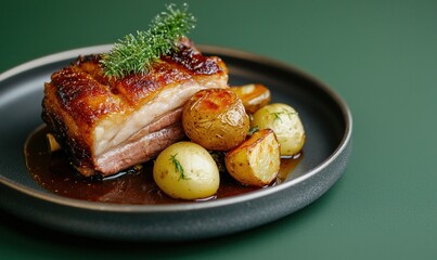 Celebrating Christmas with succulent ribbe roast pork belly served with potatoes, sauerkraut, and gravy on a silver plate