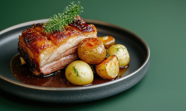 Celebrating Christmas with succulent ribbe roast pork belly served with potatoes, sauerkraut, and gravy on a silver plate