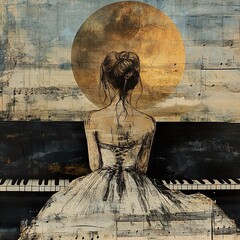 Woman in Dress at Piano Under a Moonlit Sky