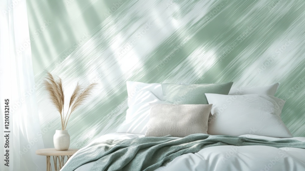 Poster elegant pencil strokes design in muted mint creates a serene atmosphere in a cozy bedroom setting wi