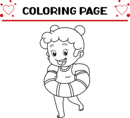 little girl is very excited swimming pool with swimming tire coloring page for kids