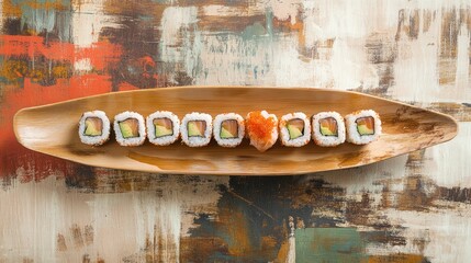 Sushi Rolls Displayed on a Bamboo Boat Against Artistic Background Perfect for Japanese Dining Promotion