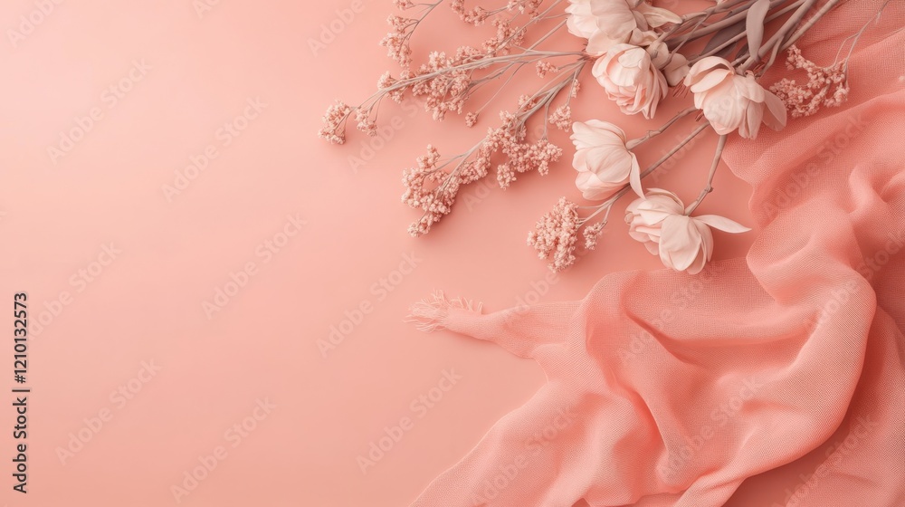 Poster elegant arrangement of soft flowers on a muted monochromatic surface creating a soothing atmosphere