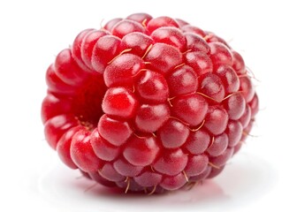 A close up juicy red raspberry on clear white background