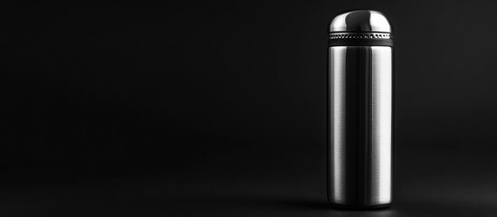 Sleek Stainless Steel Thermos Isolated on Deep Black Background with Ample Blank Space for Text and Visual Impact