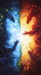 Fototapeta premium vibrant duel between elemental forces, showcasing blue and orange deities in cosmic clash