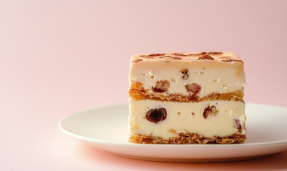 Delicious Paskha dessert presented elegantly on a white plate against a pastel pink background