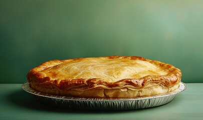 Freshly baked pie showcasing a golden crust placed on a decorative silver pie dish against a soft...