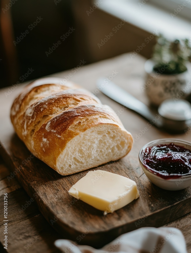 Poster close-up of a fresh artisan loaf of bread with butter and jam on a rustic wooden table in a cozy kit