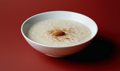 Creamy risengrynsgrøt rice porridge served with cinnamon and an almond on a white plate against a muted red background