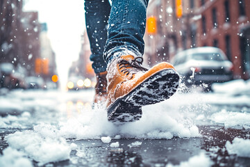 Naklejka premium a person walking in the snow on a street with their feet in the snow and their shoes in the air