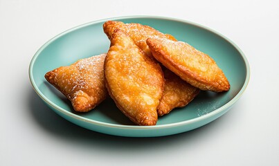 Crispy khrustiki angel wings on a blue plate, featuring sweet, golden pastries with powdered sugar