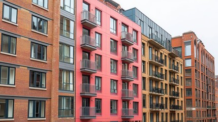 Fototapeta premium City apartment buildings, vibrant facades, overcast day, urban renewal