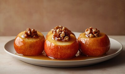Delicious baked apples stuffed with honey, cinnamon, and walnuts served on a cream plate for a...