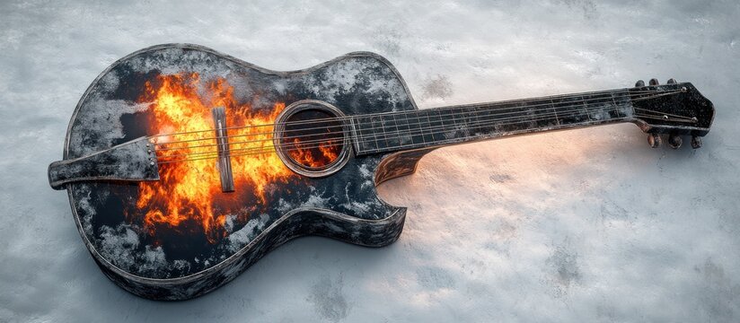 Burning acoustic guitar on snowy ground, fiery strings, winter scene, album art
