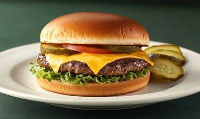 Satisfying cheddar cheeseburger adorned with fresh toppings on a white plate against a deep green backdrop