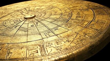 Ancient gold disc artifact detail, museum display, hieroglyphs, history