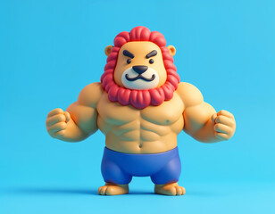 Photo of strong courage guy lion mask save planet world show muscles isolated over blue color background