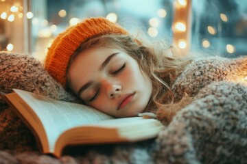 A bored teenager lying on their stomach, flipping through a book with half-closed eyes and little enthusiasm