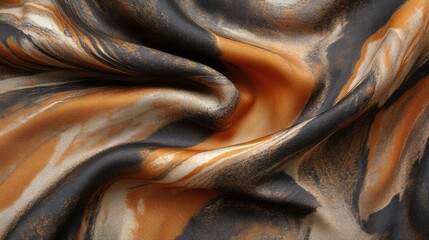 Abstract Swirling Paint Fabric in Earthy Tones of Warm Brown and Orange Delicately Draped on Soft Textured Surface for Elegant Background Design