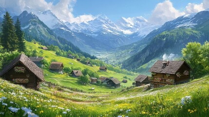 Fototapeta premium Idyllic alpine village surrounded by lush greenery and majestic mountains in vibrant daylight