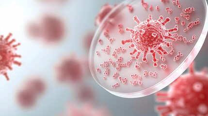 Microscopic view of a virus colony thriving in a petri dish. Intricate details reveal its complex structure under soft lighting, highlighting the virus's potential threat.
