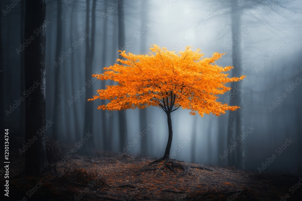 Poster a magical yellow tree glowing in a twilight forest, with golden leaves shimmering and casting ethere