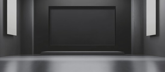 Modern minimalist living room interior featuring sleek black decor, polished floor, empty wall space for text, and contemporary aesthetic.