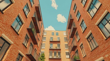 Brick apartment courtyard, sunny day, urban development, architectural rendering, real estate