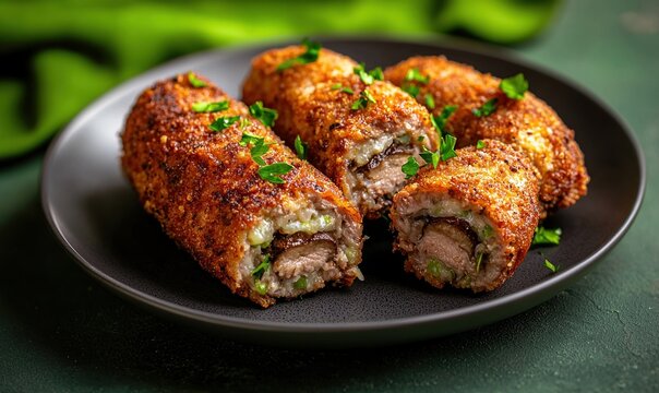 Crispy zrazy cutlets filled with savory mushrooms and served on a dark gray plate