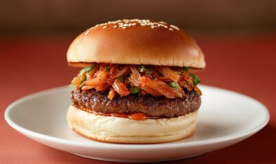 Korean BBQ burger presenting marinated beef patty topped with spicy kimchi on a white plate against a muted red background