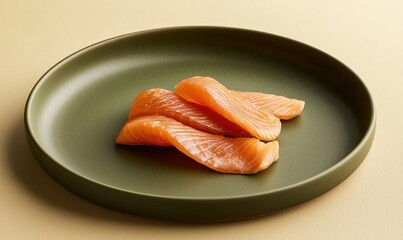 Delicate smoked salmon slices presented on a smooth green plate against a muted gold background